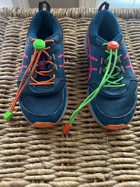 Asics Kids Navy Sneakers with Pink, Orange & Neon Green Accents Size 1
